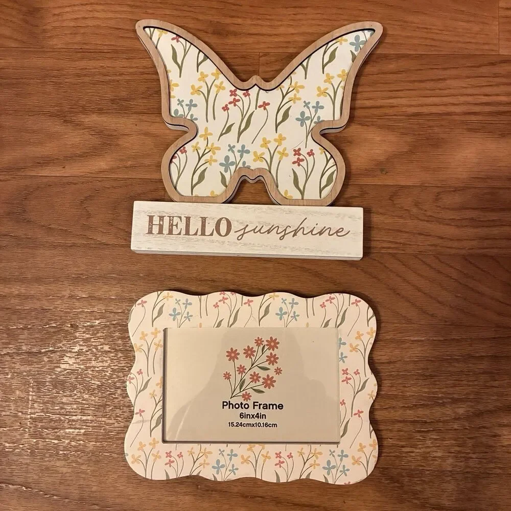 Floral Wood Picture Frame (6”x4”) With Matching Butterfly W/ HELLO SUNSHINE. New
